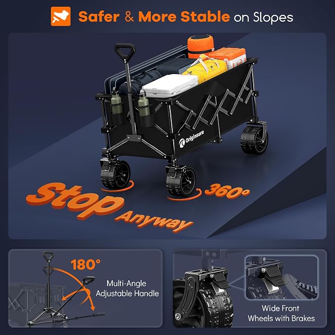 Originsure 220L Collapsible Wagon Cart Foldable, 460lbs Load Capacity Heavy Duty Folding Beach Wagons with Big All-Terrain Wheels, Utility Carts for Groceries, Shopping, Camping, Sports - Black
