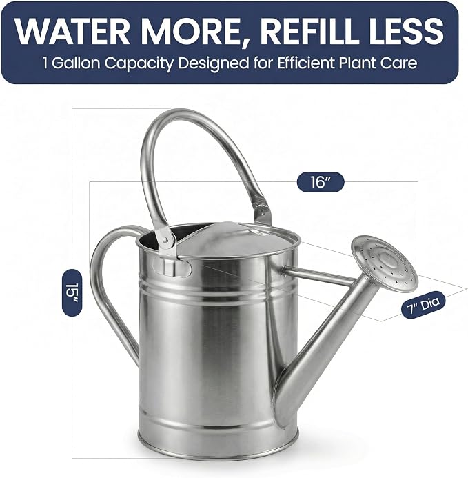 Gardenised 1 Gallon Galvanized Metal Watering Can with Removable Long Spout & Sprinkler Head for Indoor & Outdoor Use Ideal for Garden Flowers Plants Houseplants Modern Home Accessories, Silver- Tone