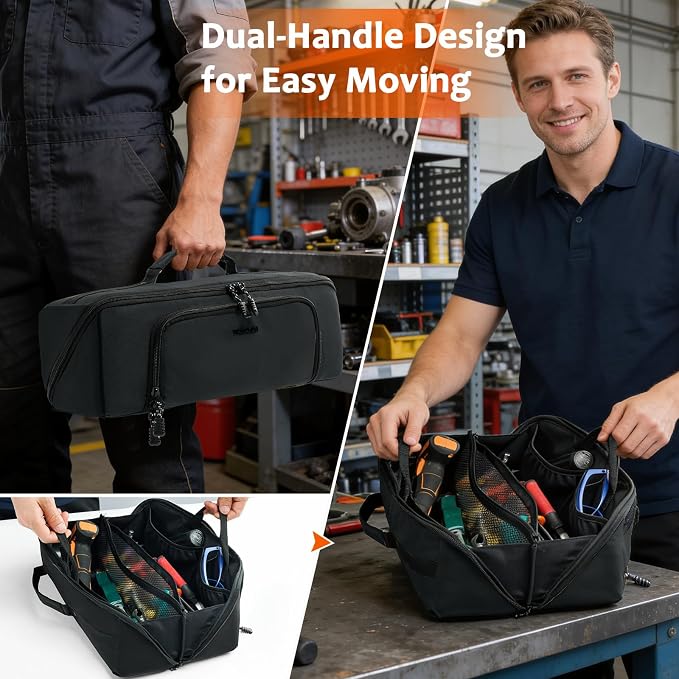 Tool Bag Organizer for Electrician & Technician, Portable Wide-Open Tool Tote with Multi Compartments, Heavy Duty Tool Storage Bag for HVAC, Plumbing, Garage & Home Repair Tools, Handyman