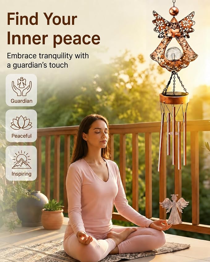 Angel Solar Wind Chimes for Outside: Metal Outdoor Memorial Decor | Easy Hanging for Garden Patio Tree Window - Melodious Birthday Gifts for Women Mom Grandma