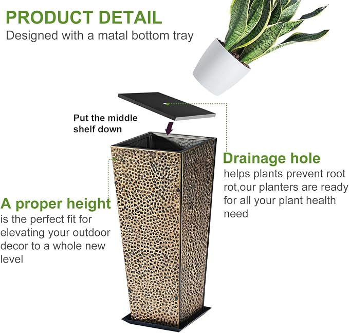 BAYN 2-Pack 24" Tall Metal Planter – Hand-Hammered Textured Large Copper Flower Pots Box with Saucer for Outdoor&Indoor, Garden, Porch, Patio, Yard with Pre-Drilled Drainage Holes