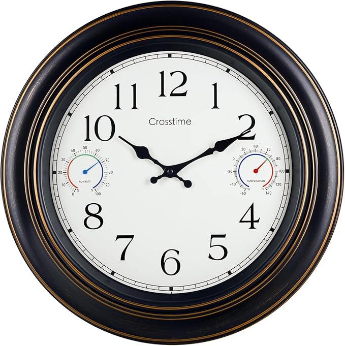 Crosstime 18 Inch Large Outdoor Clock Waterproof with Thermometer & Hygrometer - Silent Retro Wall Clock Decor for Patio, Pool, Garden, Backyard - Bronze