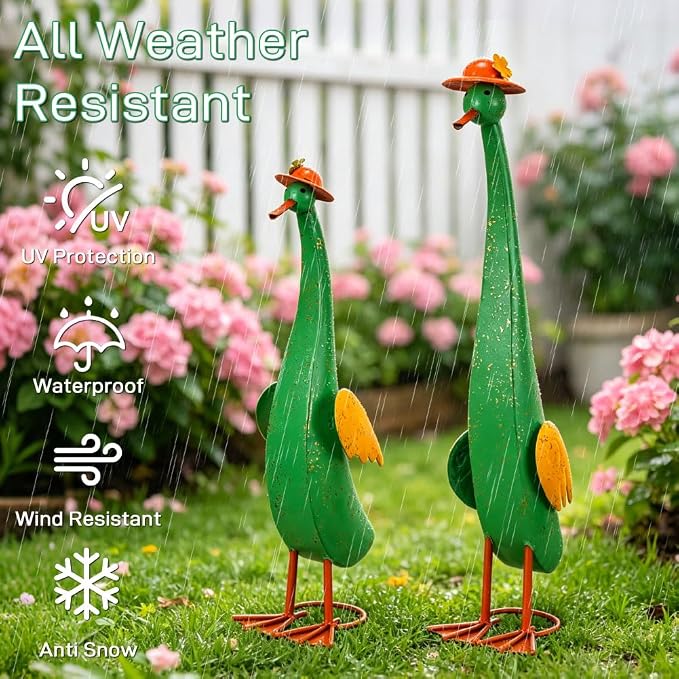 22" Duck Garden Statue Set of 2 Metal Ducks | Outdoor Yard Art Porch Animal Figurine Lawn Ornament Rustproof Yard Sculptures for Outside Patio Backyard Decorations