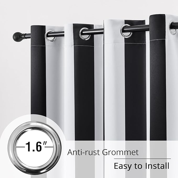 100% Blackout Curtains – Classic Black and White Stripe Curtains, 2 Panels, Each W52×L96, Thermal Insulated, Nosie Reducing for Bedroom and Living Room