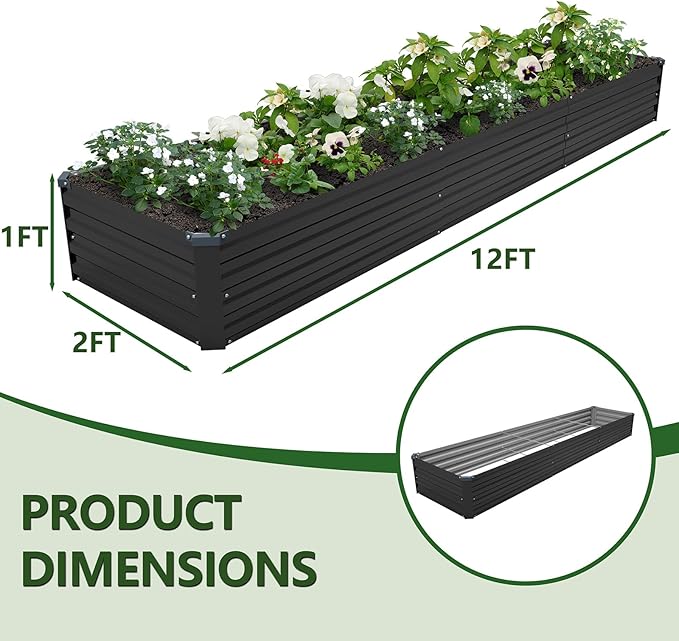 2PCS 12x2x1ft Galvanized Raised Garden Kit,Metal Planter Box,Black | Outdoor Elevated Metal Planter Box For Vegetables, Flowers & Herbs. Rustproof Galvanized Steel, Open Drainage, Easy Assembly