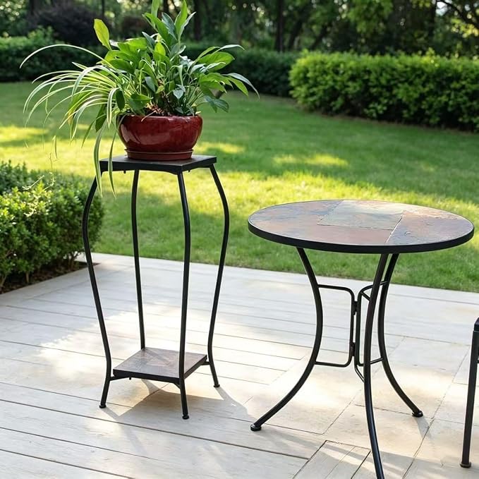 Zhongma 2 Tier 30" Tall Plant Stand with Colorful Slate Top for Balcony, Home, Garden, Backyard Patio with Adjustable Leveling Feet