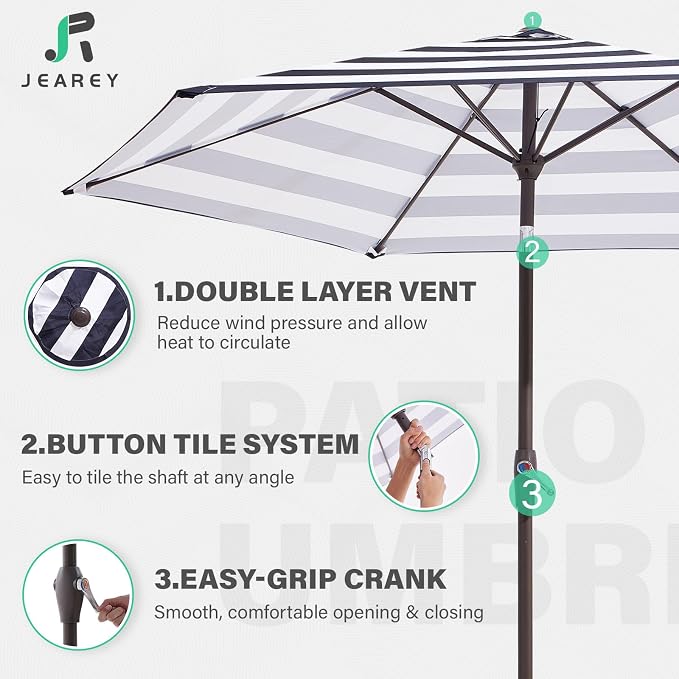 JEAREY 7.5FT Patio Umbrella Market Table Umbrella with 6 Sturdy Ribs, Push Button Tilt/Crank Outdoor Umbrella for Garden, Deck, Backyard, Pool, Black & White Stripe