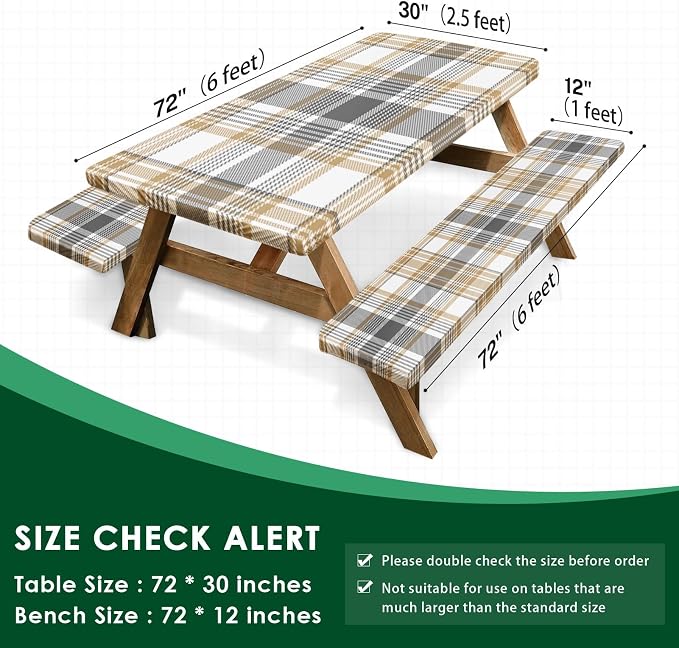 Picnic Table Cover with Bench Covers Elastic Edges, Plaid Beige Fitted Table Cover, Outdoor Patio Camping Essentials 72 Inch 3PCS, Waterproof Camping Fitted Tablecloth with Drawstring Bag
