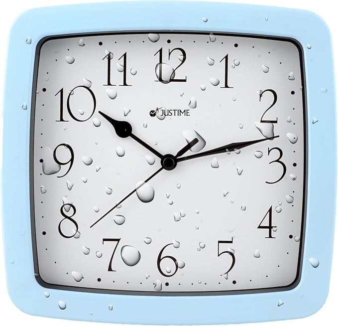 JUSTIME 8.5-inch Quality Square Water Resistant Quartz Wall Clock Special for Small Space, Office, Boats, RV (W40021 Sky Blue)
