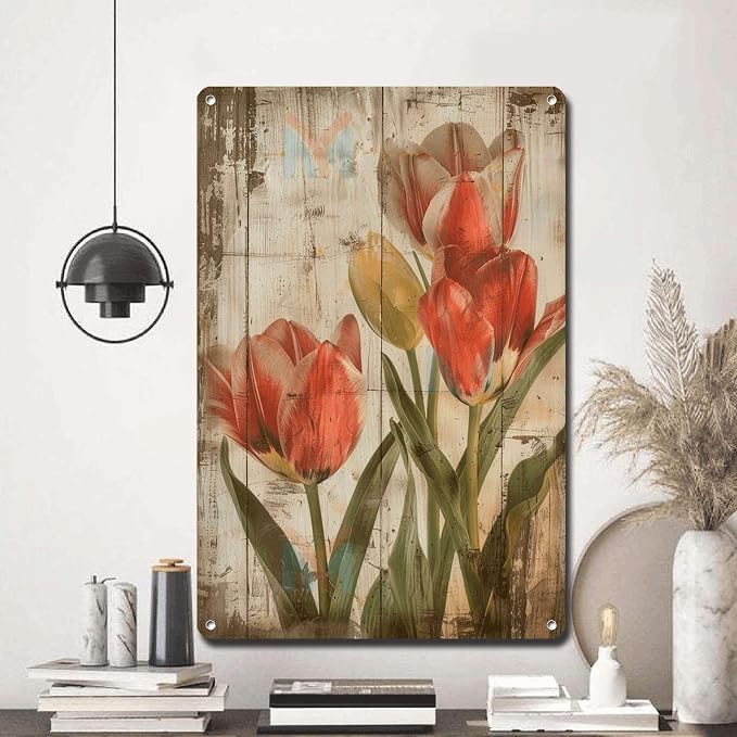 Metal Sign Tin Sign Vintage Wall Art Shabby Chic Tulips Tin Sign for Rustic Elegance Vintage Style and Distressed Wood Panels Garden Tin Signs for Club 8×12 Inches