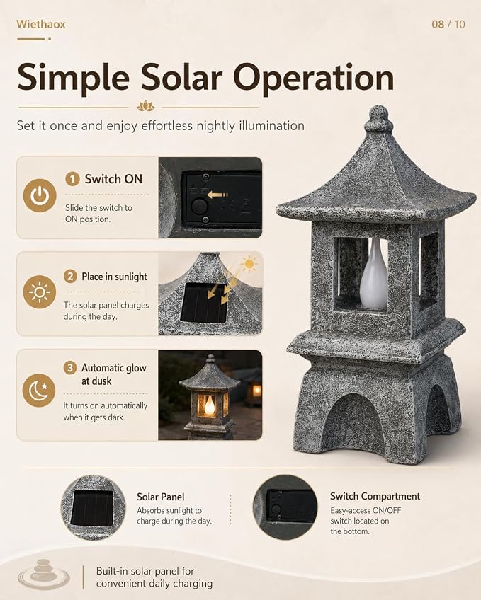 Solar Pagoda Lantern Japanese-Style with LED Flickering Flame Light, Zen Garden Statue Waterproof Resin Stone Finish Outdoor Decorations for Patio Yard Lawn, Housewarming Gifts for Mom Women