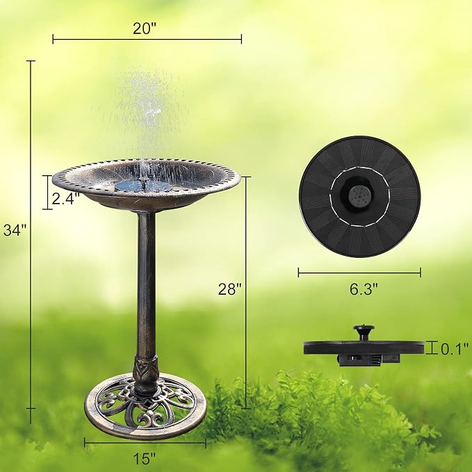 VINGLI Pedestal Bird Bath with Solar Fountain, Solar Pump Resin Birdbaths, Weather Resistant Bird Baths with Ground Stakes, Vintage Finish Garden Decor for Outdoor, Patio, Yard, Lawn (Copper)