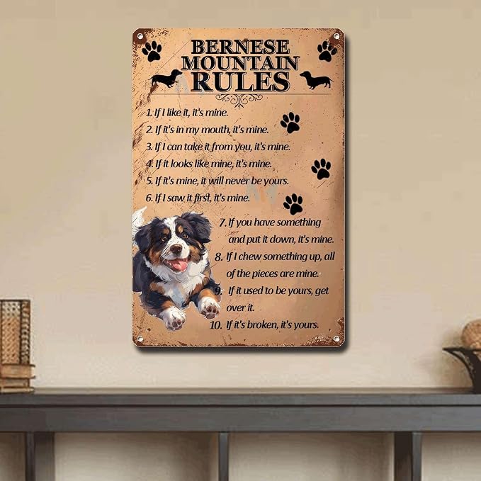 Metal Sign Tin Sign Vintage Wall Art Bernese Mountain Rules Outhouse Wall Decor for Restaurant 12×16 Inches