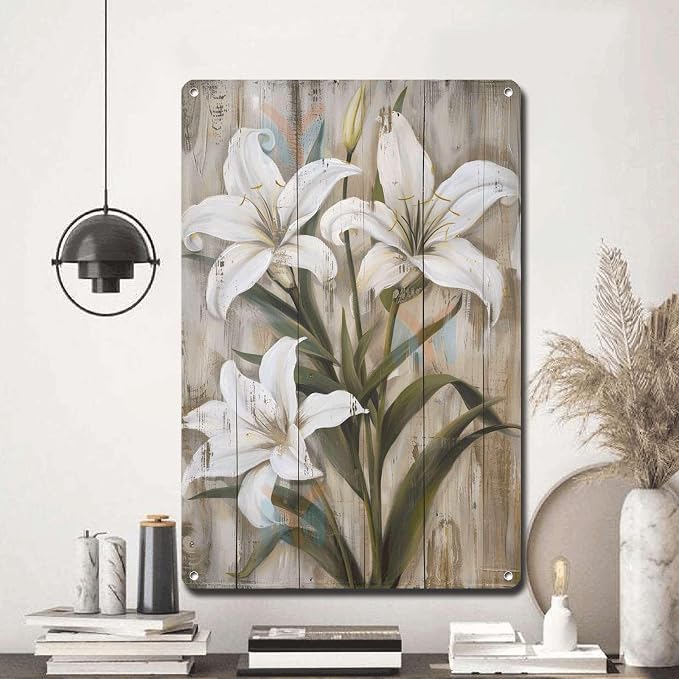 Metal Sign Tin Sign Vintage Wall Art Rustic Charm Lilies Tin Sign for Easy Installation Weather Resistant Design and Vintage Aesthetic Inspirational Wall Art for Bar 12×16 Inches
