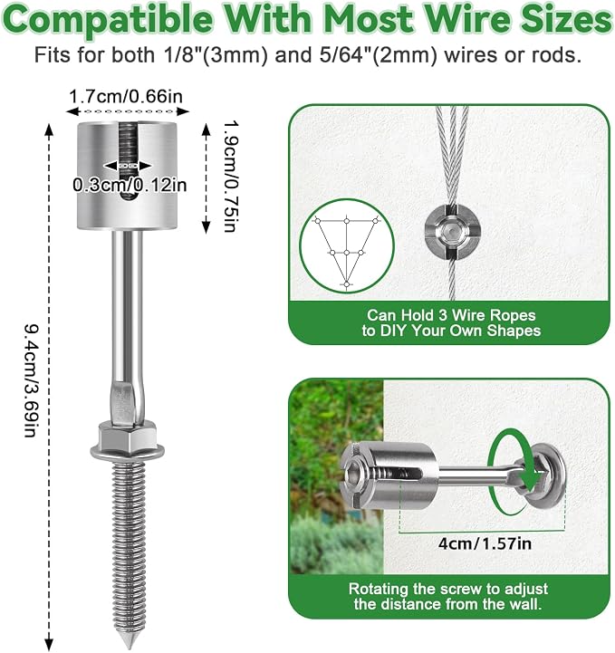 12PCS Wire Garden Trellis Kit, Kalolary T316 Stainless Steel Crosshead Standoffs for 5/64"-1/8" Wire Rope & Rods, Wall Wire Trellis System for Climbing Plants DIY Outdoor Garden Vine Flower Wall