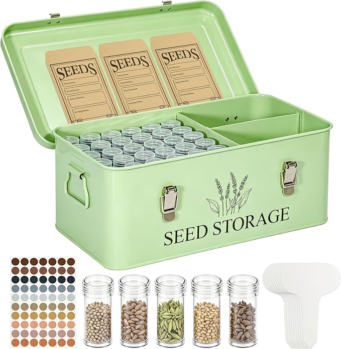 60-Slot Metal Seed Storage Organizer Box, Seed Saving Box | 3 Compartments Organization, 60 Seed Envelopes & Labels, Seed Packet Storage, for Flower Vegetable Seeds, Garden Organizer