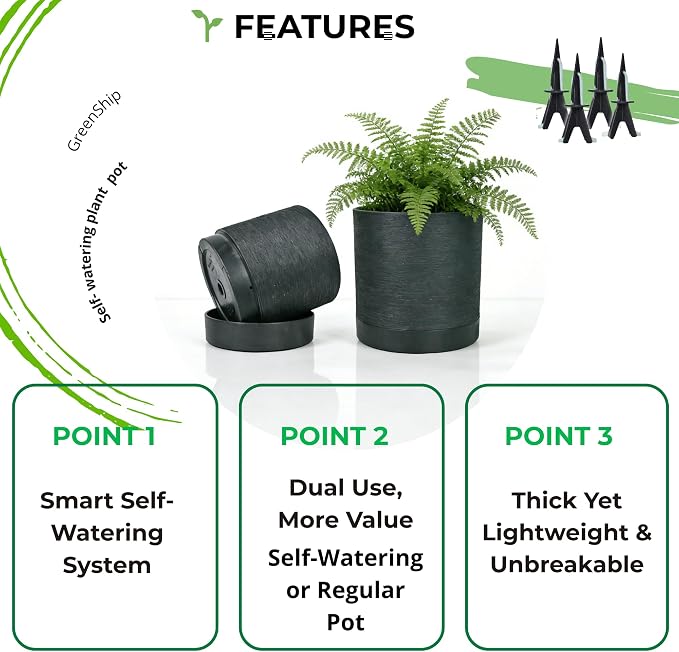 GreenShip Planter Set of 2 (13.7" & 11.8") – Dual-Use Self-Watering or Traditional Indoor Cylinder Flower Pots with Saucers & Side Drainage – Durable Lightweight Clay & Resin Blend