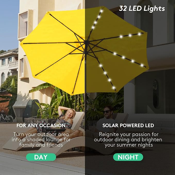 JEAREY 9FT Outdoor Patio Umbrella with Solar Lights, LED Lighted Pool Umbrella with Tilt and Crank, Outdoor Table Umbrellas for Deck, Yard & Market (Lemon)
