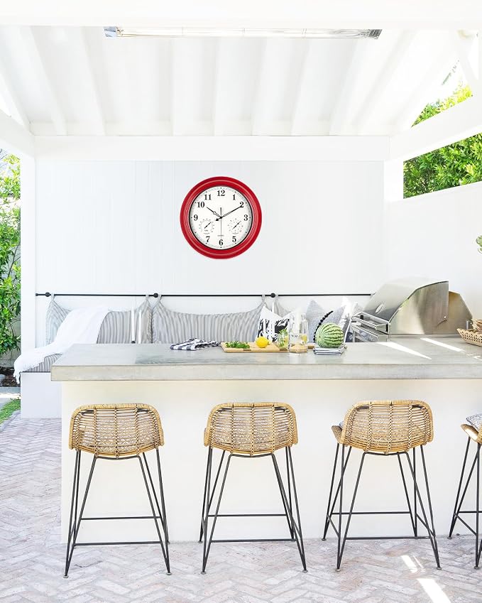 Outdoor Clocks Waterproof, 18 in Large Outdoor Clock for Patio w/Thermometer Combo, Silent Battery Operated Decorative Retro Wall Clock for Living Room/Bathroom/Pool/Indoor, Red