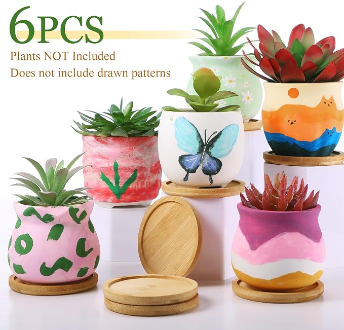 Remerry 6 Pcs 3.5 Inch Mini Succulent Pots with Bamboo Tray White Ceramic Pots Color Your Own DIY Small Planters Containers for Flower Cactus with Drainage Hole for Plant Lover