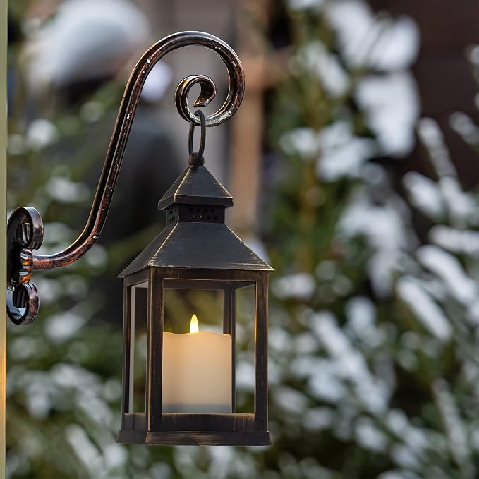 Vintage Golden Brushed Black Lantern Decorative LED Flickering Flameless Candle with Timer, Battery Powered LED Decorative Hanging Lanterns for Indoor Outdoor Garden Yard Home Decor(4 Pack)
