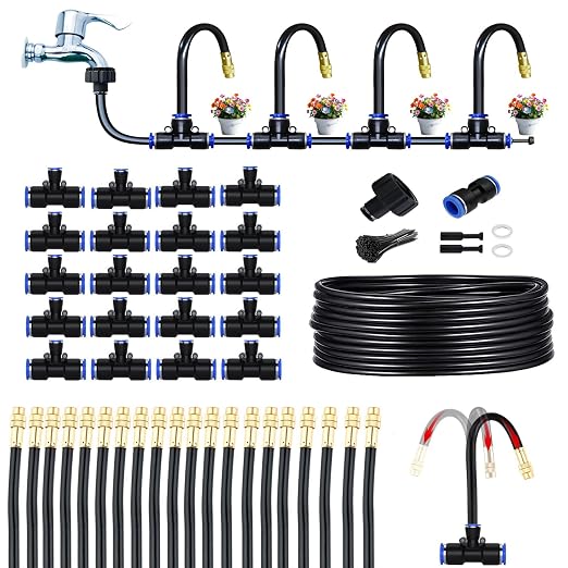 65Ft 1/2'' Greenhouse Drip Irrigation Kit Automatic Irrigation System 360° Adjustable 20 Brass Spray Nozzles Irrigation Tubing Hose Patio Misting Plant Watering with Blank Distribution Tubing Hose