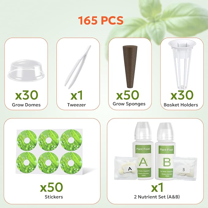 Owltron 165 Pcs Hydroponic Seed Pods Kits, Grow Anything Kit Pod for Indoor Herb Garden with 50 Sponges, 4 A&B Nutrient Plant Food, 30 Baskets, 50 Stickers, 30 Germination Domes, 1 Tweezer