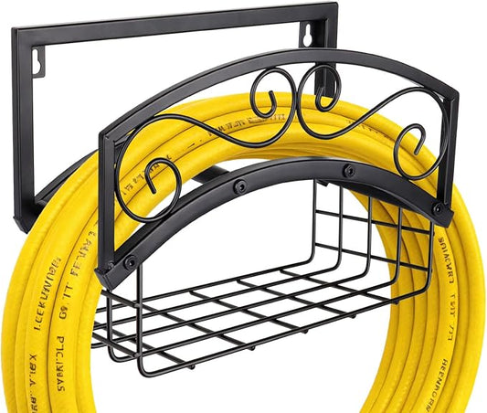 BOLITE Garden Hose Holder Wall Mount, Heavy Duty Metal Water Hose Holder with Basket for Outside, Hose Storage Holds 150FT Water Pipe for Yard, Lawn, Garden, Farm, Gifts for Women Men