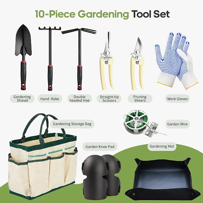 Gardening Tools, Garden Hand Tools for Gardening, with Non-Slip Rubber Grip, Gloves & Storage Tote Bag, 10Pcs Gardening Accessories Set Kit Gifts for Men Women