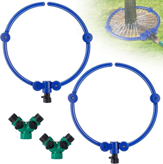 2Pcs 360° Tree Water Sprinkler, Adjustable Tree Watering Ring with Y Hose Splitters, Circle Tree Root Irrigation System for Outdoor New Trees Shrubs Plants Garden Beds