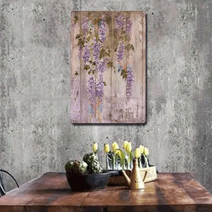 Metal Sign Tin Sign Vintage Wall Art Shabby Chic Wisteria Tin Sign for Antique Garden Charm Rustic Wall Art and Distressed Wood Panels Metal Garden Sign for Bar 8×12 Inches