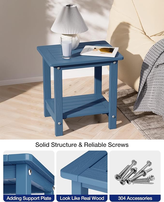 YEFU Outdoor Side Table for Patio: 16" HIPS Weather - Resistant Adirondack Tables Set of 2 - Small Square End Tables for Backyard Pool Porch Balcony - Indoor Outdoor Double Layer Table Navy Blue Blue
