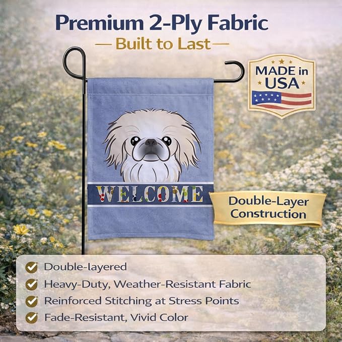 Caroline's Treasures BB1407GF Pekingese Welcome Garden Flag, Blue Mailbox Flag Decorative Yard Flag Banner Outside Patio Artwork Yard Flower Beds, Garden Size, Multicolor