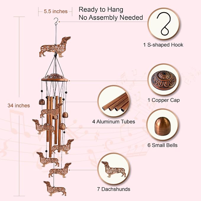 Dachshund Wind Chimes for Outside, Dachshund Gifts for Women/Men/Mom/Grandma/Wife/Friends Birthday Gifts Unique Memorial Metal Windchimes Outdoor/Indoor, Home, Porch, Patio, Yard, Garden Decor