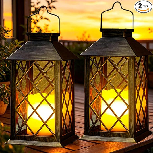 2 Pack 14" Large Solar Lanterns Outdoor Waterproof, Tempered Glass, Hanging Solar Lights with Flickering Flameless Candles, Retro Solar Lantern for Wall Porch Patio Table Garden Decorations, Bronze