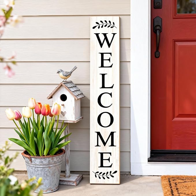 Farmhouse Wooden Welcome Sign Stand for Front Door, 47" Large Welcome Sign for Front Porch, Rustic Vertical Tall Porch Leaner Decor for Outdoor Patio Garden