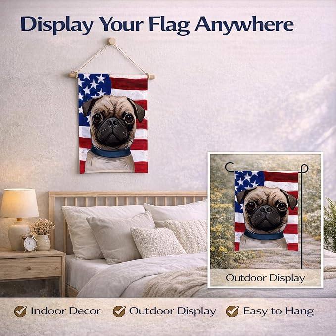 Caroline's Treasures CK6665GF Pug Dog American Flag Garden Flag Mailbox Flag Decorative Yard Flag Banner Outside Patio Artwork Yard Flower Beds, Garden Size, Multicolor