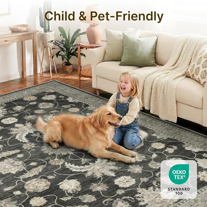 9x12 Area Rugs Washable Large Vintage Rug for Living Room Bedroom | Farmhouse Boho Floral Neutral Washable Stain Resistant Indoor Carpet for Bedroom Office and Home Decor (Black&Gold)
