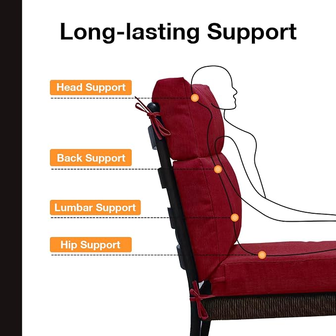 Unimatta Outdoor High Back Chair Cushion Seat Pads, 44 x 21 Inch Water-Repellent & Fade-Resistant Patio Furniture Cushions with Ties for Adirondack, Rocking Chairs, Red