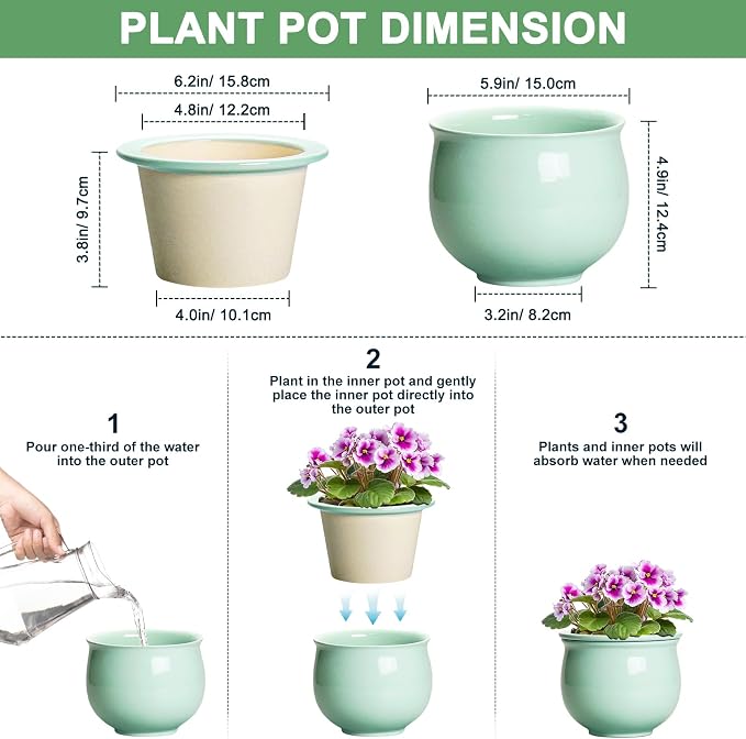 6 Inch African Violet Pots, Ceramic Self Watering Planter with Absorbent Inner Pot, Round Pots for Indoor Plants Outdoor, Ceramic Flower Pot, Office Decor, Plant Lover Gifts, Mint Green