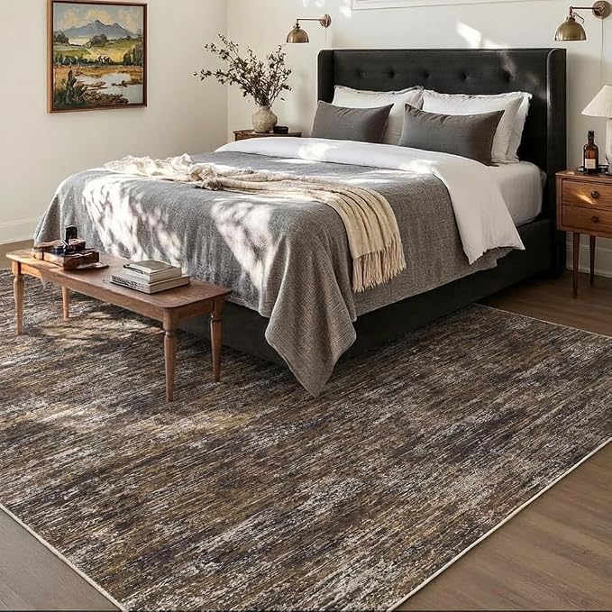 Garvee Washable Living Room Rug 10x13 Modern Solid Color Area Rugs, Brown | Non Slip Stain Resistant Non Shedding Neutral Low Pile Large Foldable Soft Rug for Nursery Dining Room Bedroom