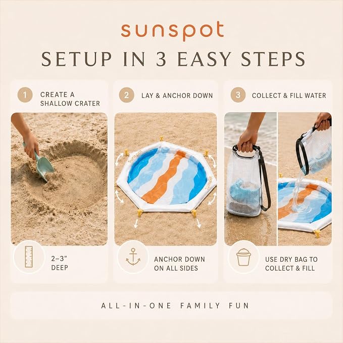 SUNSPOT 5ft Kids Beach Pool – Portable In-Ground Sand Liner with 8 Anchors, Fun Filling Bucket & Travel Carry Bag. The Ultimate Pop-Up Wading Splash Pool for Toddlers and Infants (Funky Waves)