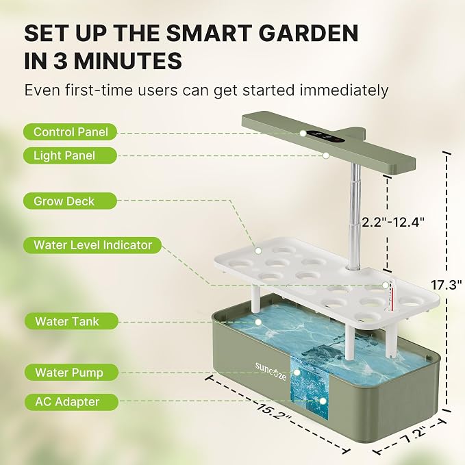 SUNCOZE Hydroponics Growing System, Compact 12 Pods Indoor Garden, Green | 24W LED Dimmable Grow Light, 4L Water Tank with Quiet Pump, Adjustable Height Herb Garden Planter Indoor Kit, Gardening Gifts