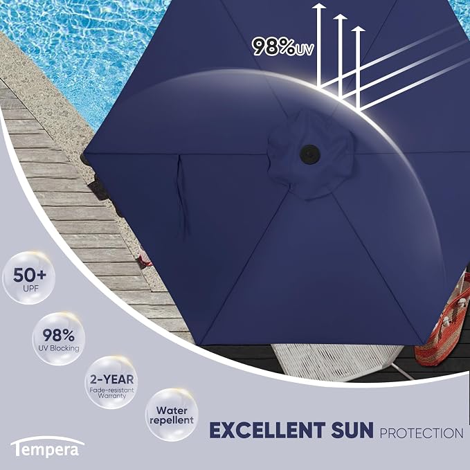 Tempera Patio Market Outdoor Table Umbrella with Push Button Tilt and Crank, Large Sun Umbrella with Sturdy Pole & Fade Resistant Canopy, Easy to Set