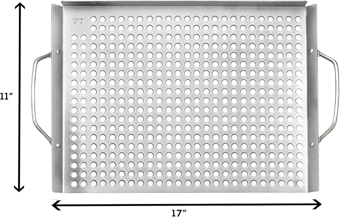 Outset 76632 Stainless Steel Grill Topper Grid, 11"x17" BBQ Tray | Stainless Steel Grill Topper | BBQ Veggie Grill Tray | Easy to Carry | Seafood Grill Tray With Holes | Infuses Flavor