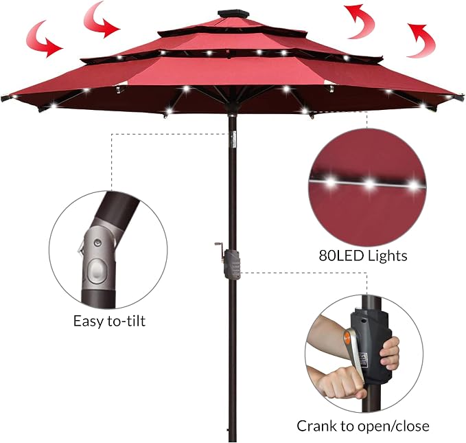 EliteShade USA 10-Year-Non-Fading 9ft 3-Tier Market Patio Umbrella, Commercial Table Umbrella with 80 Solar LED Lights, Crank Open, Windproof & UPF 50+ UV Protection for Garden, Deck, Pool, Backyard, Burgundy