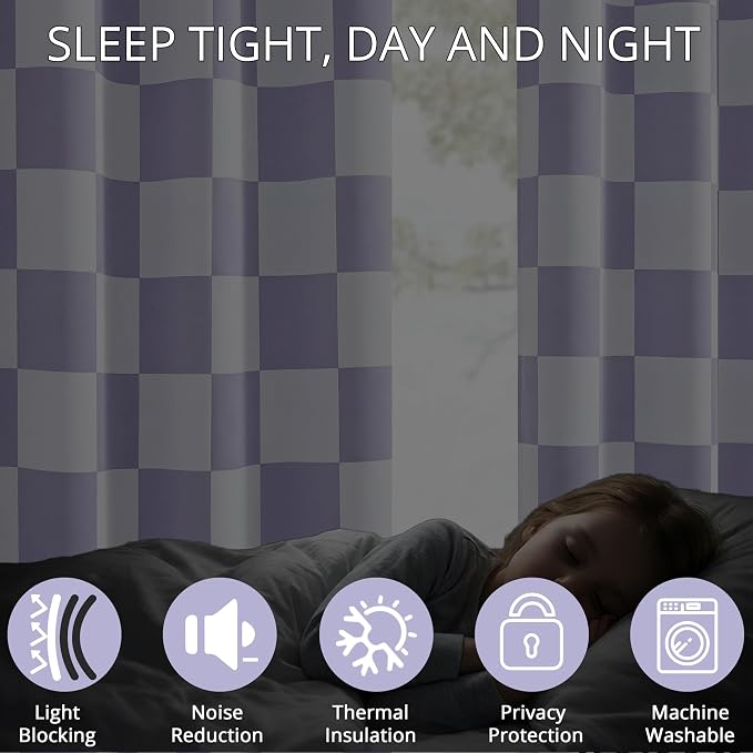 100% Blackout Checkered Curtains – 2 Panels, Each W52×L63, Thermal Insulated, Nosie Reducing for Bedroom, Modern Lilac and White Checkerboard Design for Girl's Room