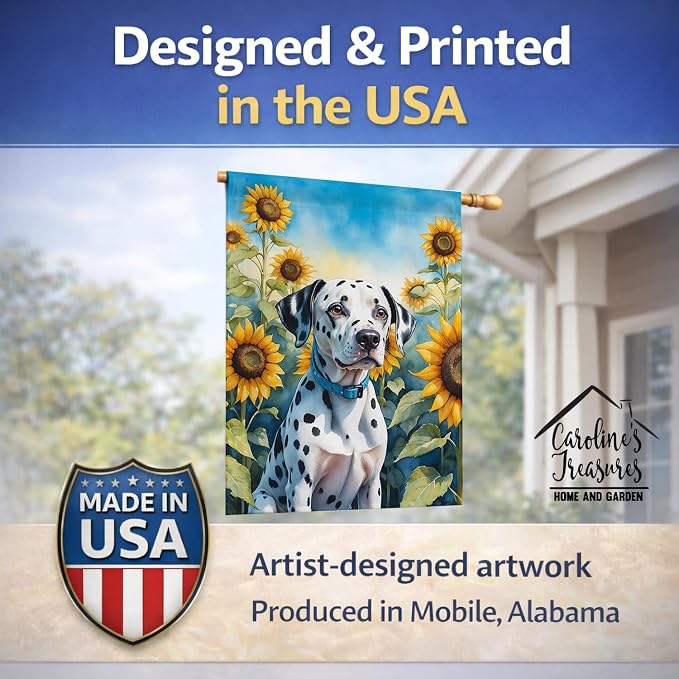 Caroline's Treasures DAC6067CHF Dalmatian in Sunflowers House Flag Large Porch Sleeve Pole Decorative Outside Yard Banner Artwork Wall Hanging, Polyester, House Size, Multicolor