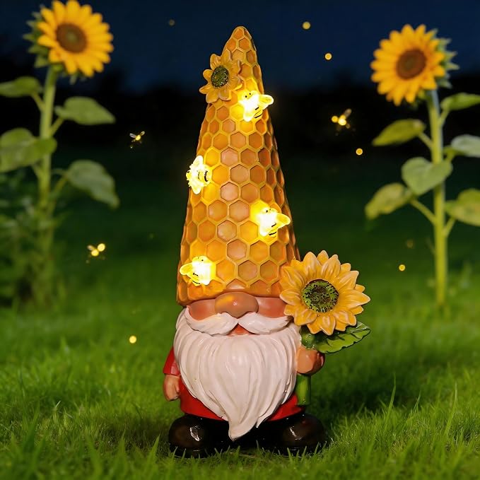 12.3'' Sunflower Garden Gnomes Statue with Solar Bee Lights | Fall Decorations ,Outside Decor, Yard Art Lawn Ornaments, Porch Patio Balcony Home House, Gifts for Mom Grandma Women
