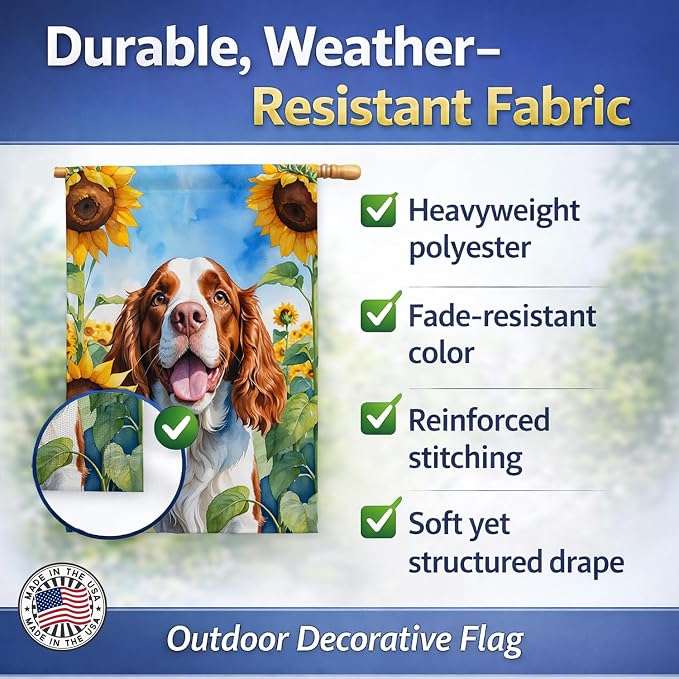 Caroline's Treasures DAC6171CHF Welsh Springer Spaniel in Sunflowers House Flag Large Porch Sleeve Pole Decorative Outside Yard Banner Artwork Wall Hanging, Polyester, House Size, Multicolor